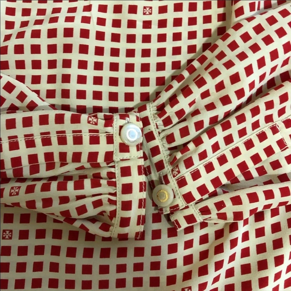 Tory Burch Cream Blouse with Red Grid Print